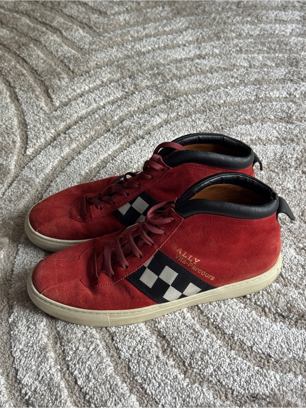 Bally Red Suede Checkerboard-Accent Mid-Top Sneakers